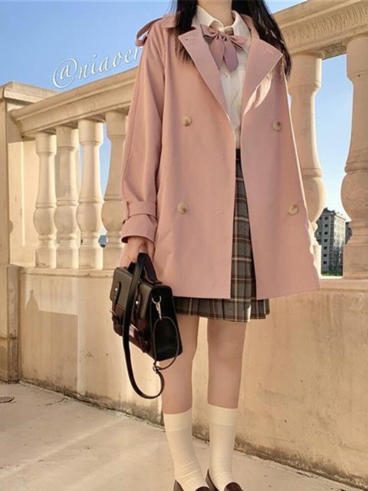 Billlnai Japan Solid Color Mid-Length Windbreaker Coat Women's Spring Autumn College Style Designer Sweet Girl Polo Collar Trench Coat