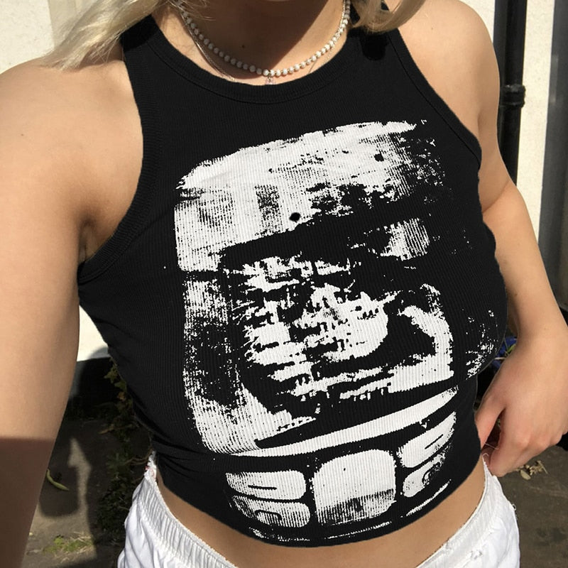 Billlnai  Printed Y2k Cropped Tanks Grunge Fairycore Crop Top Sleeveless O Neck Corset Tops Female Summer Basic Tee Tops Club