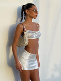 Christmas gifts Strap Satin Crop Tops + Mini Skirt White 2 Piece Sets Women 2023 Summer Backless Bodycon Party Club Beach Outfit Streetwear