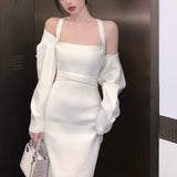 Billlnai  2023 White Elegant Knitted Two Pieces Set Women French Vintage Party Dress Suits Autumn  Y2k Cashmere Sweater + Midi Strap Dres