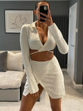 Thanksgiving Day Gifts Sexy V Neck Long Sleeve Lace Up White Crop Tops Split Mini Skirt Matching Suits Women 2023 Y2K Party Club Green Streetwear