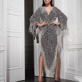 Thanksgiving Day Gifts 2023 New Elegant Tassel Silver Maxi Party Dresses Long Sleeve Sexy V Neck  Sequin Long Dresses Bodycon Vestido Formal Robe