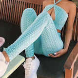 Christmas gifts Light Blue 2 Pcs Set Outfits For Women Slim Clothes Neck Mounted Bubble Workout Tracksuits Sleeveless Hollow Out Sexy Streetwear