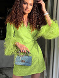 Christmas gifts Sexy V-Neck Feather Long Sleeve Print Party Club Mini Dress For Women 2023Autumn Elegant High Waist Lace-Up Ladies Green Dresses