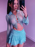 Thanksgiving Day Gifts Sexy Y2K See Through Top Shirts + Mini Skirt 2 Piece Sets Women 2023 Fashion Button Up Lace Short Skirts Party Club Streetwear
