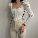 Billlnai Elegant Square Neck Puff Sleeve Khaki Fishbone Cropped Tops For Women 2023 Fall Vintage Slim Ladies Blouse Y2K Sexy Black Top