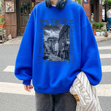 Billlnai - Vintage Hoodie American High Street Men's Spring And Autumn Oversize Round Collar Top Loose, Black, White, Blue, Gray M-5XL