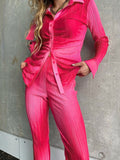 Christmas gifts Y2K Fashion Pleated Pink Gradient Top Shirts + Split Hem Flare Pants Matching Sets Women 2023 Autumn Long Sleeve Club Streetwear