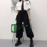 Billlnai 2023 Gothic Streetwear Women's Cargo Pants with Chain Punk Techwear Black Oversize Korean Fashion Wide Leg Trousers