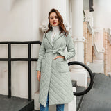 billlnai  Graduation Party Long straight winter coat with rhombus pattern Casual sashes women parkas Deep pockets tailored collar stylish outerwear