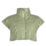 Billlnai Army Green PU Leather Puffer Jackets For Women 2023 Autumn Winter Zip Up Cropped Vest Bubble Coats Streetwear D82-DF27