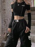 Billlnai Goth Dark E-Girl Style Patchwork Black T-Shirts Gothic Open Shoulder Sleeve Y2k Crop Tops Ruffles Hem Hip Hop Techwear Women Tee