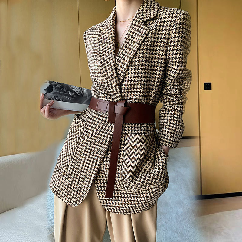 Billlnai  2023  Women Jacket Long Sleeve Plaid Blazer with Belt Autumn Coat Office Lady Elegant V-Neck Over Size Blazers for Women with Pockets