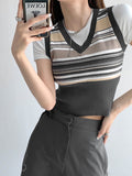 Christmas gifts Summer College Style Vintage Sweater Stripe Knitted Vest Women's V-Neck Sleeveless Short Crop Top Korean Fashion Y2k Clothes