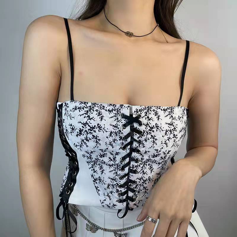 Billlnai  2023 Floral Beach Party Sexy Bustiers Crop Women Backless Bandage French Vintage Halter Top Korean Fashion Boho Lace with Corset