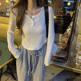 Billlnai Pure Color Y2k Crop Tops Women Sexy Slim Knitted Bloused Long Sleeve Tees Female 2023 Summer Clothing Elegant Tshirt Korean Chic
