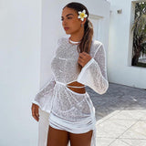Billlnai 2023 Women Gauze Hollow Out Backless Lace Up Long Sleeve Bodycon Mini Dress Sexy Party Streetwear Summer Clothes