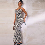 Backless Maxi Dress Summer Women Elegant Zebra Print Strap Slim Dresses Long Sexy Sleeveless Club Party Beach Dress 2023 Outfits