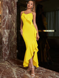 Billlnai Fashion Summer Maxi Spaghetti Strap Mermaid Dress For Women Sexy V Neck Yellow Ruffles Night Club Elegant Evening Party Dresses
