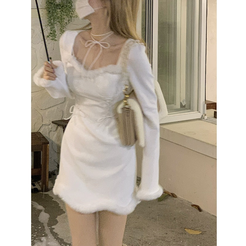 Billlnai  White Y2k Mini Dress Party Women Casual Fur Knit Dress Lolita Female Kawaii Clothing Vintage One Piece Dress Korean 2022 Spring