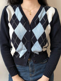 Billlnai Vintage Geometric Rhombic Cardigan Sweater Women Long Sleeve Outerwear New Autumn Winter Warm Elegant V-Neck Chic Slim Knit Tops