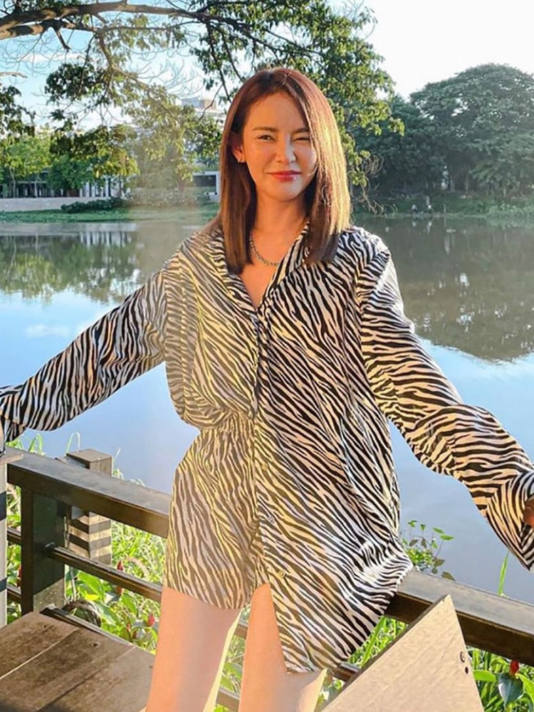 Black Friday Big Sales Zebra Print Casual Outfits Autumn Long Sleeve T-Shirts And Loose Shorts Suit High Street Women Two Piece Set Home Suit