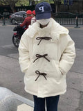 Billlnai  Women Korean Thickened Coat American Bow-Tie Kawaii Padded Jacket Female 2023 Autumn Winter New Preppy Hooded Beige Parkas