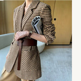 Billlnai  2023  Women Jacket Long Sleeve Plaid Blazer with Belt Autumn Coat Office Lady Elegant V-Neck Over Size Blazers for Women with Pockets