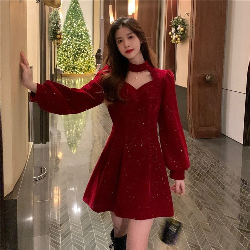 Billlnai  2023 Red Velvet Elegant Party Mini Dress Women Christmas Wram French Vintage Dress Ladies Casual Korean One-piece Dress 2023 New Year