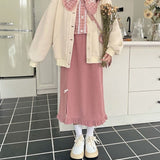 Billlnai Kawaii Corduroy Long Skirt Women Japanese Fashion A-line Patchwork Cute Pink Midi Skirt Autumn Winter Mori Girl