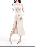 Billlnai Summer Korean Style Two-piece Set Women Bodycon Elegant Sexy Party Long Skirt Suit Y2k White Blouse + White Fishtail Skirt 2023