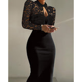Black Friday Big Sales Women Summer Contrast Lace Long Sleeve Cutout Bodycon Dress 2023 Autumn Solid Black Long Sleeve Sexy Party Club Dress
