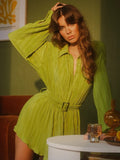 Billlnai Sexy Turn Down Collar Long Sleeve Button Up Pleated Shirt Dress With Belt 2023 Fall Elegant Slim Green Mini Dresses For Women