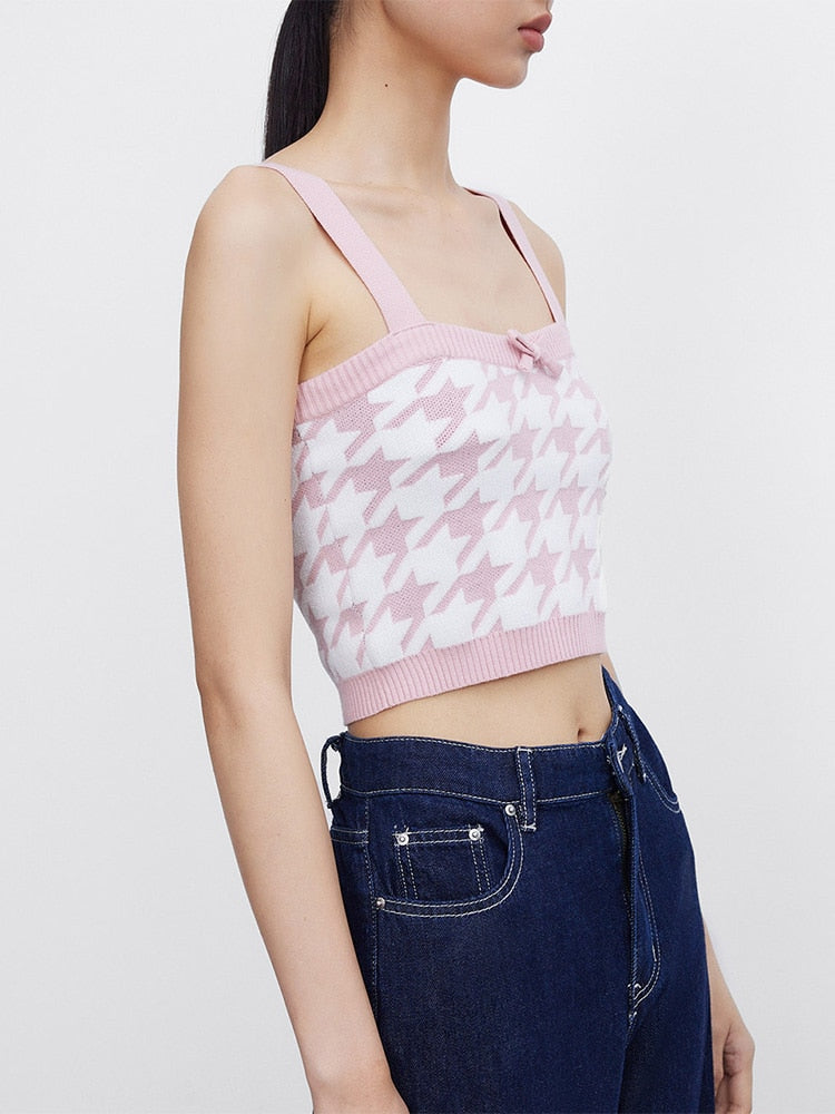 Billlnai Urban Revivo Bow Detail Geo Pattern Knitted Sleeveless Top Solid Crop Camis Tops Sexy Slim Knitting Female Tank Tops