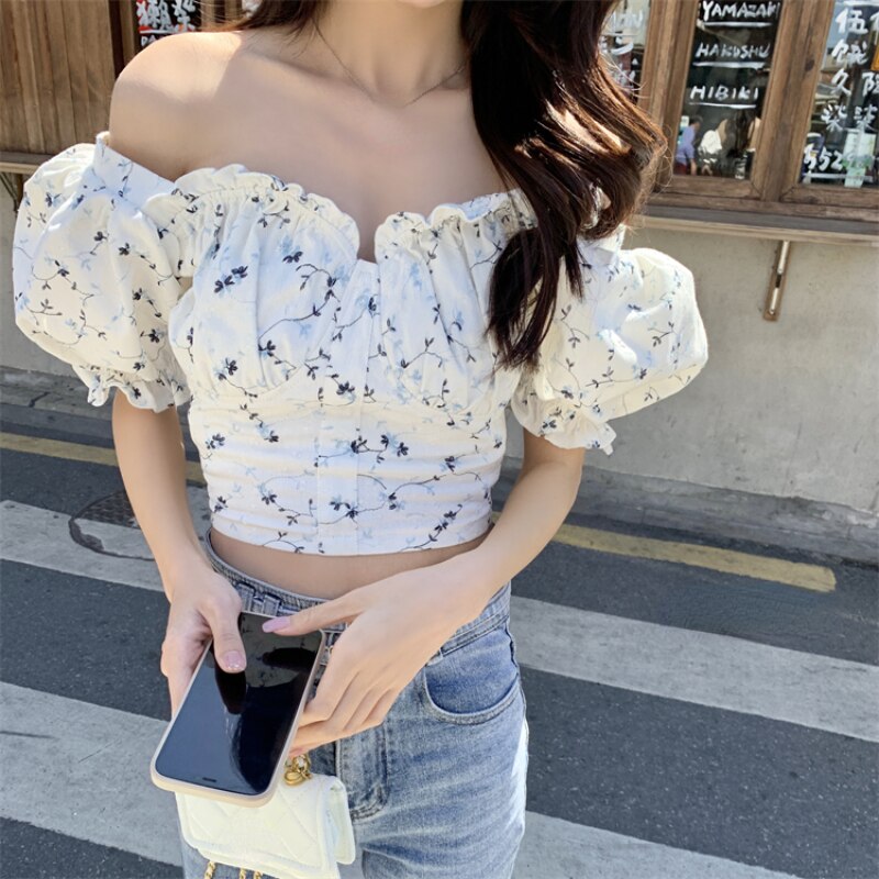 Billlnai French Elegant Floral Blouse Women Casual Beach Style Y2k Crop Tops Female Corset Shirts Korea Clothing 2023 Summer Short Sleeve
