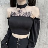 Helloween Big Sale Billlnai Punk With Chain Off Shoulder T-Shirts Gothic Sexy Backless Grunge Black Halter Crop Tops Long Sleeve Women Autumn Tee