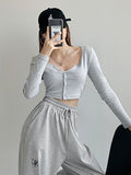 Billlnai French Y2k Sweater Single Breasted Knitted Cardigan Women's V-Neck Long Sleeve Streetwear Sexy Short Navel Revealing Crop Top