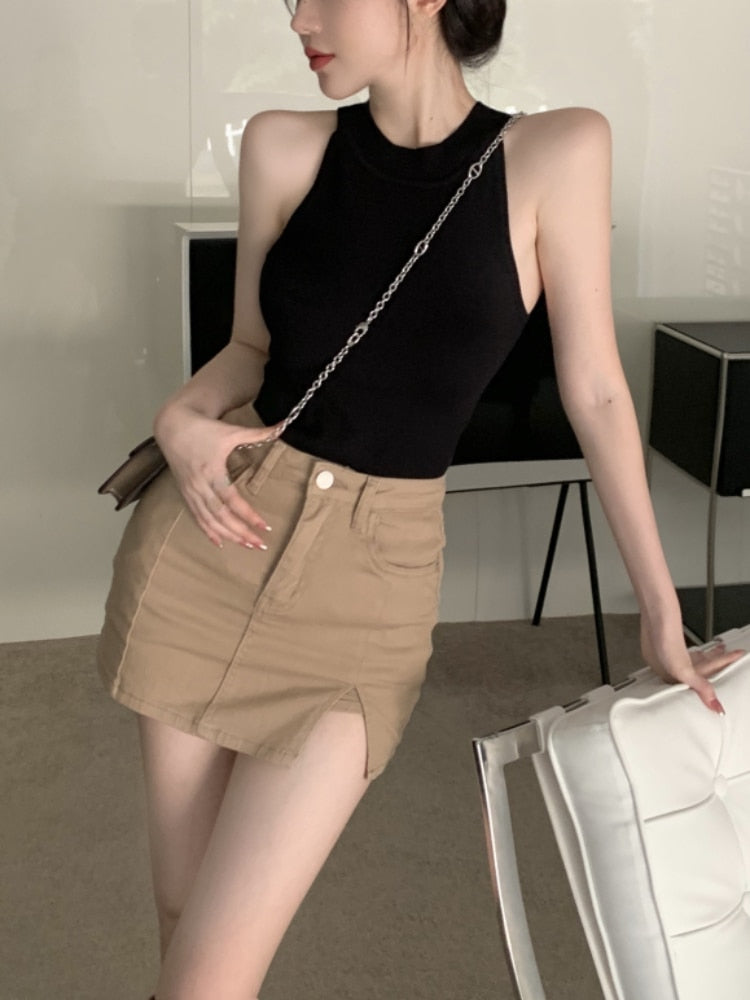 Billlnai Black Y2k Crop Tops Women 2023 Summer Pure Color T Shirts Office Lady Elegant Slim Sexy Vest Korean Fashion Blouse Sleeveless