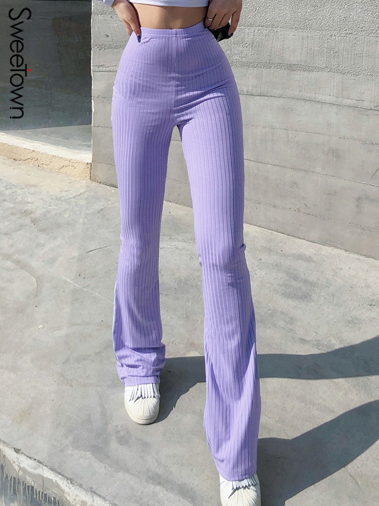 Billlnai  Purple Ribbed  Joggers Women Knitted Flare Pants Slim High Waist Aesthetic Trousers Female Vintage 90S Sweatpants