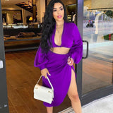 Billlnai 2023 Graduation party  Satin Tracksuit Womens Two Piece Sets New Fashion Loose Deep V Neck Long Sleeve Crop Top Long Skirts Slit Sexy Outfits for Woman