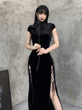 Helloween Big Sale Billlnai Romantic Gothic Velvet Aesthetic Dresses Vintage Women Black Bandage Slithem Bodycon Dress Sexy Evening Wear Cheongsam