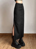 Billlnai  Goth Dark Grunge Casual Tag Split Women Midi Skirts Mall Gothic Punk High Raise Slim Long Skirt Y2k Sexy Fashion Streetwear 2023