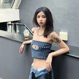 Billlnai  Tide Brand Lady Long Sleeves/vest 2023 Summer Hollow LOGO Hardware Buckle Printing Knitted Tube Top Hot Girl Slim Sexy Blouse