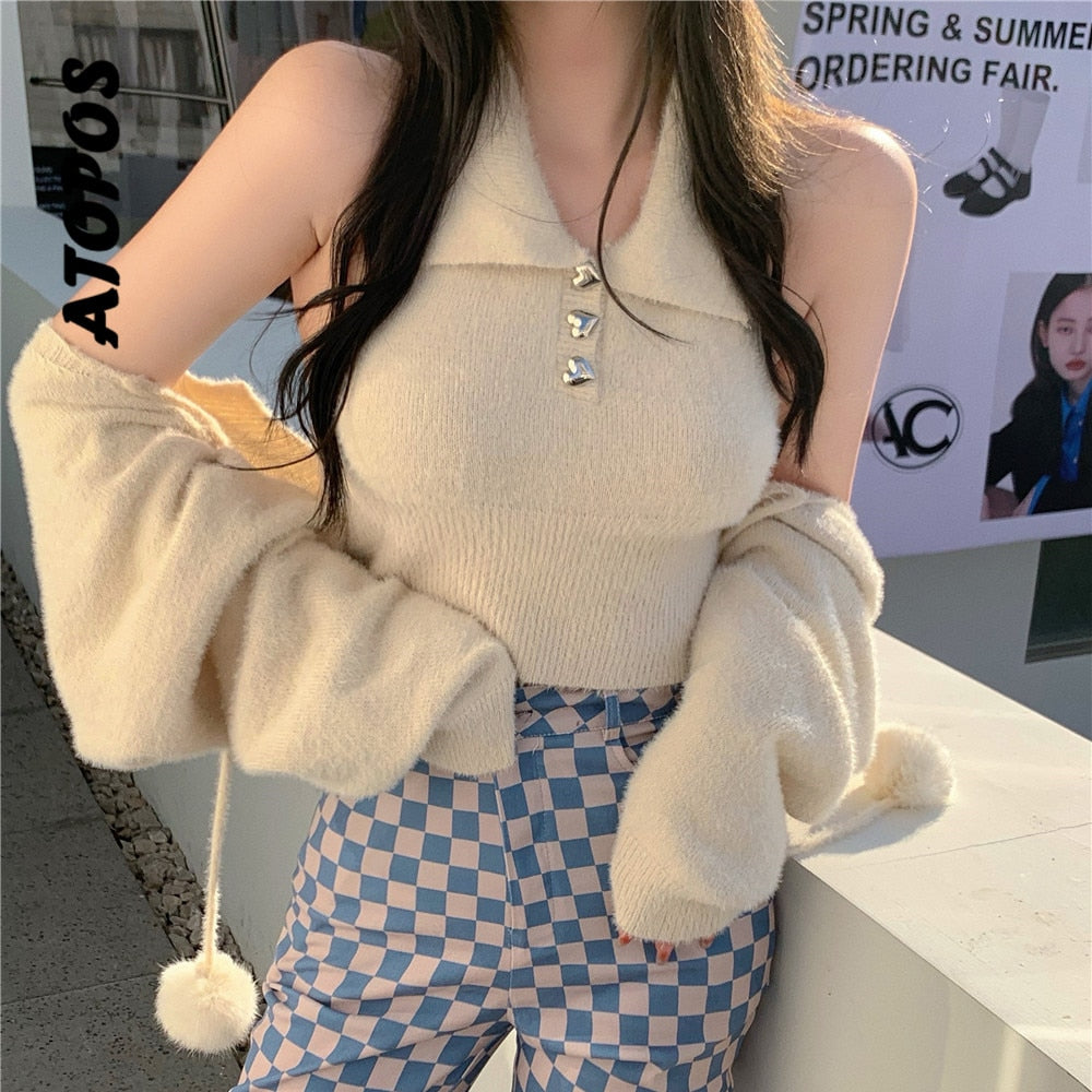 Billlnai  2023 Atopos Korean Women Halter Knitted Vest Crop Top Cover Up Cardigans Pullover Two Piece Sets Y2K Sexy Streetwear Female Tops
