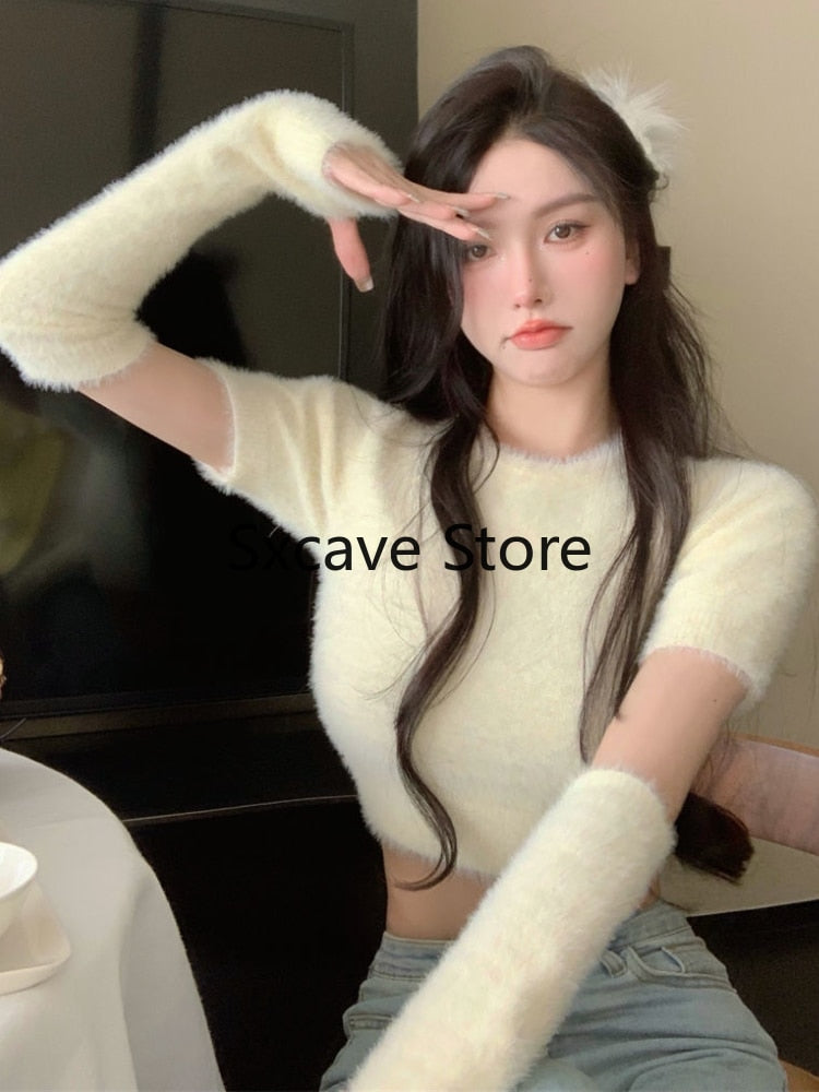 Billlnai  2023  Fur Knitted Sweater Women Design Casual Outwear Chic Y2k Crop Tops Female Long Sleeve Korean Style Slim Pullover