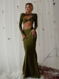 Billlnai Sexy Hollow Out Long Sleeve Dark Green Party Maxi Dress For Women 2023 Autumn Fashion Bodycon Mermaid Dresses Ladies Vestidos