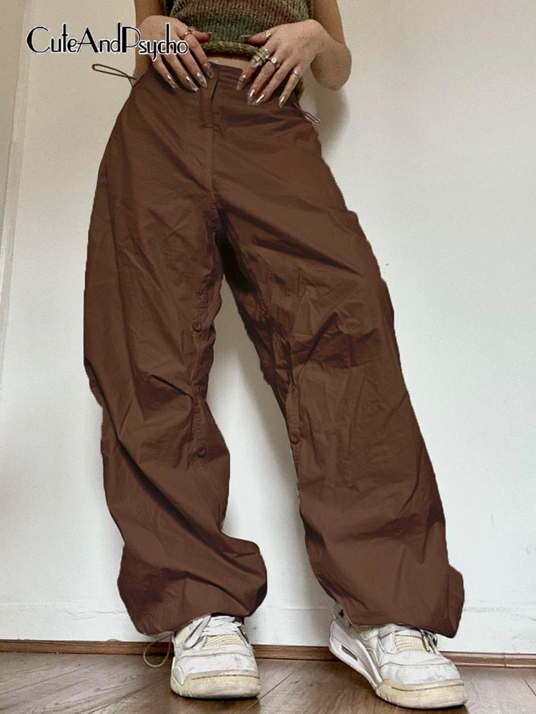 Billlnai Cuteandpsycho Oversized Solid Joggers Tech Pants High Waist Streetwear Fashion Brown Baggy Trousers Y2K Casual Vintage Clothes