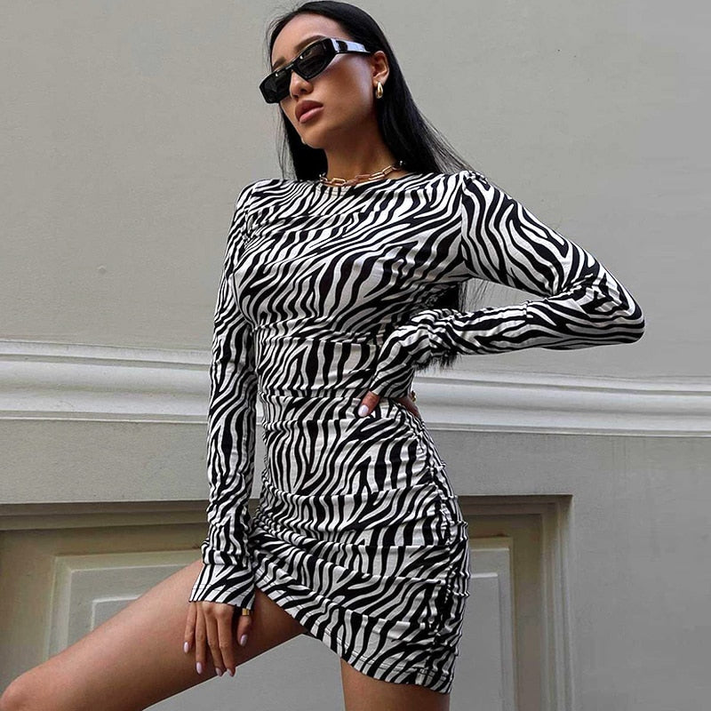 Billlnai 2023 Women Zebra Stripe Long Sleeve Slim Casual Mini Dress Sexy Streetwear Vacation Y2K Clothes For Business