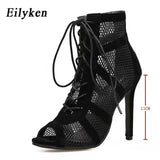 2023 Fashion Black Summer Sandals Lace Up Cross-Tied Peep Toe High Heel Ankle Strap Net Surface Hollow Out Sandals