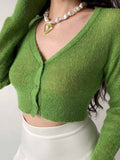 Billlnai Green Women Knit Cardigans 2023 Summer Autumn Fashion Slim Ladies Knitted Sweater Crop Top Long Sleeve Buttons Sweaters Y2k Tops